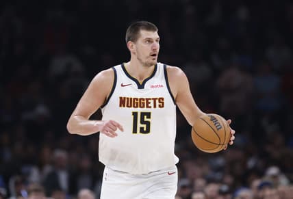 Oct 29, 2023; Oklahoma City, Oklahoma, USA; Denver Nuggets center Nikola Jokic (15) dribbles the ball down the court against the Oklahoma City Thunder during the second quarter at Paycom Center. Mandatory Credit: Alonzo Adams-USA TODAY Sports