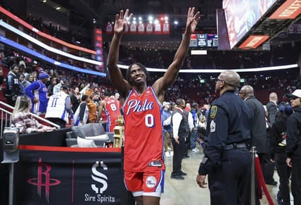 Dec 29, 2023; Houston, Texas, USA; Philadelphia 76ers guard Tyrese Maxey (0) walks off the court after the game against the Houston Rockets at Toyota Center. Mandatory Credit: Troy Taormina-USA TODAY Sports