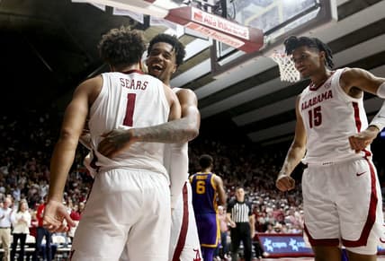 Jan 27, 2024; Tuscaloosa, Alabama, USA;   Alabama guard Mark Sears (1), Alabama guard Aaron Estrada, and Alabama forward Jarin Stevenson (15) celebrate after Sears scored at Coleman Coliseum. Alabama defeated LSU 109-88. Mandatory Credit: Gary Cosby Jr.-USA TODAY Sports