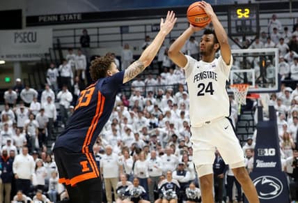 Feb 21, 2024; University Park, Pennsylvania, USA; Penn State Nittany Lions forward Zach Hicks (24) shoots before being fouled by Illinois Fighting Illini forward Coleman Hawkins (33) during the second half at Rec Hall. Penn State defeated Illinois 90-89. Mandatory Credit: Matthew O'Haren-USA TODAY Sports