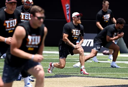 San Francisco 49ers tight end George Kittle warms up during the Tight End University annual offseason training summit at