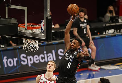 May 15, 2021; Brooklyn, New York, USA; Brooklyn Nets forward Jeff Green (8) goes in for a dunk against the Chicago Bulls during the second half at Barclays Center. Mandatory Credit: Andy Marlin-USA TODAY Sports