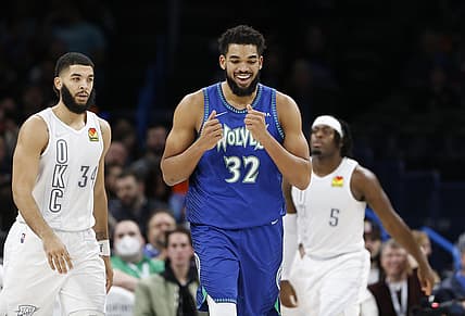 Jan 7, 2022; Oklahoma City, Oklahoma, USA; Minnesota Timberwolves center Karl-Anthony Towns (32) celebrates after scoring against the Oklahoma City Thunder during the second half at Paycom Center. Minnesota won 135-105. Mandatory Credit: Alonzo Adams-USA TODAY Sports