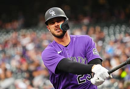 Apr 19, 2022; Denver, Colorado, USA; Colorado Rockies left fielder Kris Bryant (23) on deck in the first inning against the Philadelphia Phillies at Coors Field. Mandatory Credit: Ron Chenoy-USA TODAY Sports
