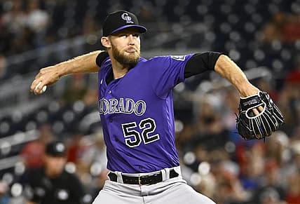 May 28, 2022; Washington, District of Columbia, USA; Colorado Rockies relief pitcher Daniel Bard (52) throws to the Washington Nationals during the ninth inning at Nationals Park. Mandatory Credit: Brad Mills-USA TODAY Sports