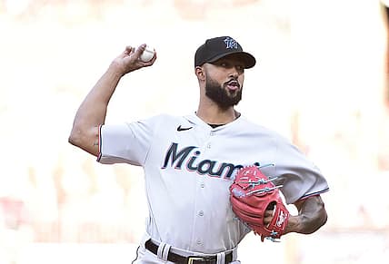 Jun 29, 2022; St. Louis, Missouri, USA;  Miami Marlins starting pitcher Sandy Alcantara (22) pitches against the St. Louis Cardinals during the first inning at Busch Stadium. Mandatory Credit: Jeff Curry-USA TODAY Sports