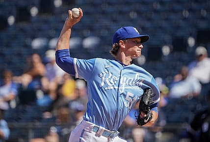 Aug 9, 2022; Kansas City, Missouri, USA; Kansas City Royals starting pitcher Brady Singer (51) delivers a pitch against the Chicago White Sox during the second inning at Kauffman Stadium. Mandatory Credit: Denny Medley-USA TODAY Sports
