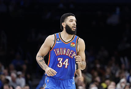 Feb 28, 2023; Oklahoma City, Oklahoma, USA; Oklahoma City Thunder forward Kenrich Williams (34) runs down the court against the Sacramento Kings during the second half at Paycom Center. Sacramento won 123-117. Mandatory Credit: Alonzo Adams-USA TODAY Sports