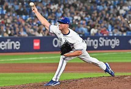 Jun 30, 2023; Toronto, Ontario, CAN; Toronto Blue Jays relief pitcher Trent Thornton (57) delivers a pitch against the Boston Red Sox in the seventh inning at Rogers Centre. Mandatory Credit: Dan Hamilton-USA TODAY Sports