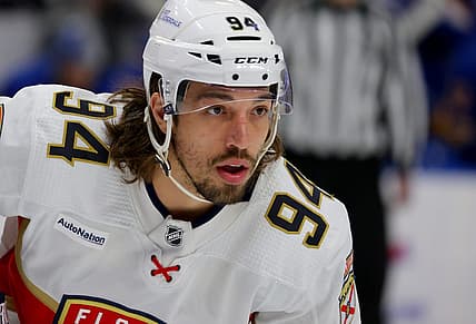 Feb 15, 2024; Buffalo, New York, USA;  Florida Panthers left wing Ryan Lomberg (94) waits for the face-off during the first period against the Buffalo Sabres at KeyBank Center. Mandatory Credit: Timothy T. Ludwig-USA TODAY Sports