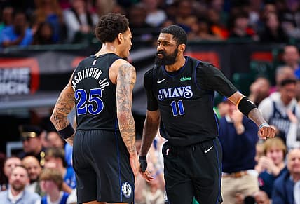 Feb 22, 2024; Dallas, Texas, USA;  Dallas Mavericks guard Kyrie Irving (11) celebrates with Dallas Mavericks forward P.J. Washington (25) during the second half against the Phoenix Suns at American Airlines Center. Mandatory Credit: Kevin Jairaj-USA TODAY Sports