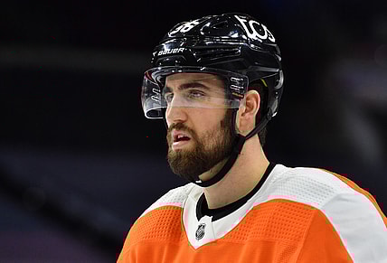 Feb 18, 2021; Philadelphia, Pennsylvania, USA; Philadelphia Flyers defenseman Erik Gustafsson (56) during the first period against the New York Rangers at Wells Fargo Center. Mandatory Credit: Eric Hartline-USA TODAY Sports