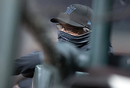 Apr 23, 2021; San Francisco, California, USA; Miami Marlins manager Don Mattingly watches his team take on the San Francisco Giants during the sixth inning at Oracle Park. Mandatory Credit: D. Ross Cameron-USA TODAY Sports