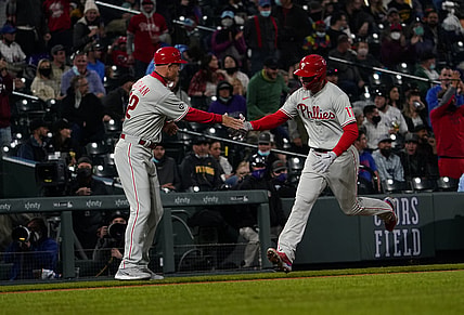 Apr 24, 2021; Denver, Colorado, USA; Philadelphia Phillies first baseman Rhys Hoskins (17) celebrates his second home run at Coors Field. Mandatory Credit: Michael Madrid-USA TODAY Sports