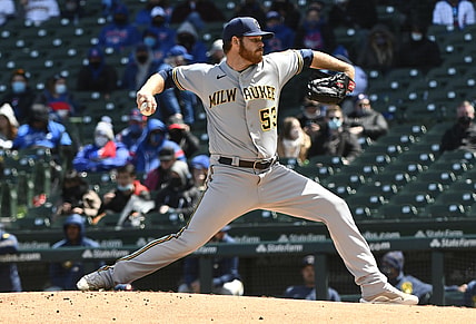 Apr 25, 2021; Chicago, Illinois, USA;  Apr 25, 2021; Chicago, Illinois, USA; Milwaukee Brewers starting pitcher Brandon Woodruff (53) delivers in the first inning against Chicago Cubs at Wrigley Field. Mandatory Credit: Matt Marton-USA TODAY Sportsat Wrigley Field. Mandatory Credit: Matt Marton-USA TODAY Sports