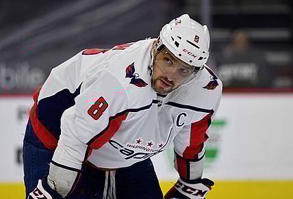 Apr 17, 2021; Philadelphia, Pennsylvania, USA; Washington Capitals left wing Alex Ovechkin (8) looks on in the third period against the Philadelphia Flyers at Wells Fargo Center. Mandatory Credit: Kyle Ross-USA TODAY Sports