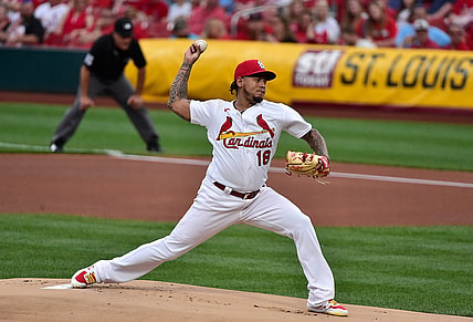 May 21, 2021; St. Louis, Missouri, USA;  St. Louis Cardinals starting pitcher Carlos Martinez (18) pitches during the first inning against the Chicago Cubs at Busch Stadium. Mandatory Credit: Jeff Curry-USA TODAY Sports