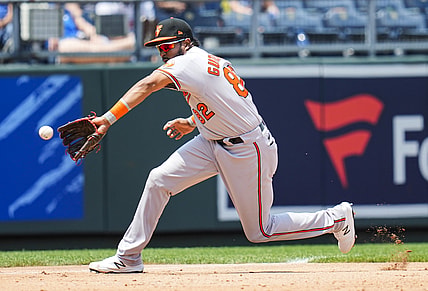 Jul 18, 2021; Kansas City, Missouri, USA; Baltimore Orioles third baseman Kelvin Gutierrez (82) fields a ground ball against the Kansas City Royals during the third inning at Kauffman Stadium. Mandatory Credit: Jay Biggerstaff-USA TODAY Sports
