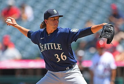 Jul 18, 2021; Anaheim, California, USA; Seattle Mariners starting pitcher Logan Gilbert (36) throws a pitch in the third inning against the Los Angeles Angels at Angel Stadium. Mandatory Credit: Jayne Kamin-Oncea-USA TODAY Sports