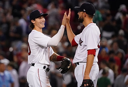 Jul 28, 2021; Boston, Massachusetts, USA; Boston Red Sox center fielder Jarren Duran (40) and relief pitcher Matt Barnes (32) react after defeating the Toronto Blue Jays during game two of a double header at Fenway Park. Mandatory Credit: David Butler II-USA TODAY Sports