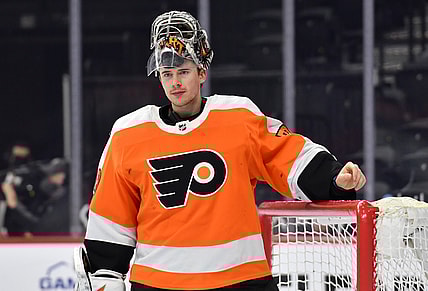 Apr 6, 2021; Philadelphia, Pennsylvania, USA; Philadelphia Flyers goaltender Carter Hart (79) against the Boston Bruins at Wells Fargo Center. Mandatory Credit: Eric Hartline-USA TODAY Sports