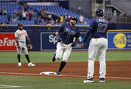 Aug 17, 2021; St. Petersburg, Florida, USA; Tampa Bay Rays designated hitter Nelson Cruz (23) runs around the bases as he hits a two run home run during the sixth inning against the Baltimore Orioles at Tropicana Field. Mandatory Credit: Kim Klement-USA TODAY Sports