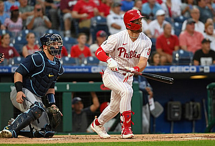 Aug 24, 2021; Philadelphia, Pennsylvania, USA; Philadelphia Phillies right fielder Bryce Harper (3) hits a single against the Tampa Bay Rays during the first inning at Citizens Bank Park. Mandatory Credit: Eric Hartline-USA TODAY Sports