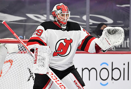 Apr 25, 2021; Philadelphia, Pennsylvania, USA; New Jersey Devils goaltender Mackenzie Blackwood (29) against the Philadelphia Flyers at Wells Fargo Center. Mandatory Credit: Eric Hartline-USA TODAY Sports