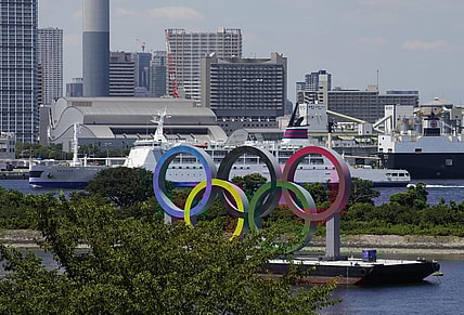 Aug 6, 2021; Tokyo, Japan; A general view of the Olympic rings as seen from Daiba during the Tokyo 2020 Olympic Summer Games. Mandatory Credit: Rob Schumacher-USA TODAY Sports