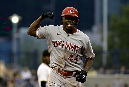 Oct 3, 2021; Pittsburgh, Pennsylvania, USA; Cincinnati Reds right fielder Aristides Aquino (44) gestures as he circles the bases on a solo home run  against the Pittsburgh Pirates during the sixth inning at PNC Park. Mandatory Credit: Charles LeClaire-USA TODAY Sports