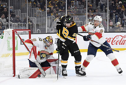Oct 30, 2021; Boston, Massachusetts, USA;  Florida Panthers goaltender Spencer Knight (30) makes a save in front of Boston Bruins left wing Erik Haula (56) and defenseman Gustav Forsling (42) during the first period at TD Garden. Mandatory Credit: Bob DeChiara-USA TODAY Sports