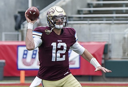 Apr 17, 2022; Birmingham, AL, USA; Michigan Panthers quarterback Paxton Lynch (12) looks to pass against Houston Gamblers at Protective Stadium. Mandatory Credit: Marvin Gentry-USA TODAY Sports