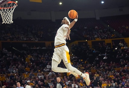 Jan 8, 2023; Tempe, Arizona, USA; Arizona State Sun Devils guard Devan Cambridge (35) dunks the ball on a fast break against the Washington Huskies at Desert Financial Arena. Mandatory Credit: Joe Rondone-Arizona Republic

Basketball Wash Asu Mbb Washington At Arizona State