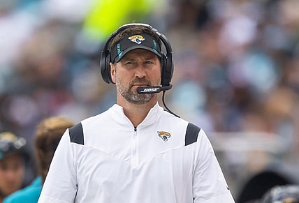 Sep 19, 2021; Jacksonville, Florida, USA; Jacksonville Jaguars passing game coordinator Brian Schottenheimer against the Denver Broncos at TIAA Bank Field. Mandatory Credit: Mark J. Rebilas-USA TODAY Sports