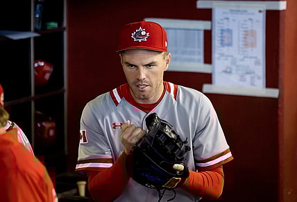 Mar 14, 2023; Phoenix, Arizona, USA; Canada first baseman Freddie Freeman prior to game against Colombia during the World Baseball Classic at Chase Field. Mandatory Credit: Mark J. Rebilas-USA TODAY Sports