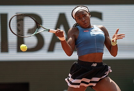 Jun 7 2023; Paris,France; Coco Gauff (USA) returns a shot during her match against Iga Swiatek (POL) on day 11 at Stade Roland-Garros. Mandatory Credit: Susan Mullane-USA TODAY Sports