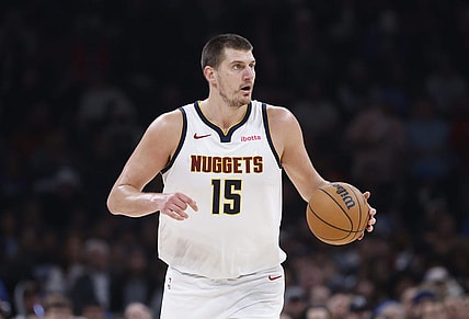 Oct 29, 2023; Oklahoma City, Oklahoma, USA; Denver Nuggets center Nikola Jokic (15) dribbles the ball down the court against the Oklahoma City Thunder during the second quarter at Paycom Center. Mandatory Credit: Alonzo Adams-USA TODAY Sports