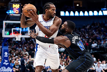 Nov 10, 2023; Dallas, Texas, USA;  LA Clippers forward Kawhi Leonard (2) looks to pass as Dallas Mavericks forward Tim Hardaway Jr. (10) defends  during the second half at American Airlines Center. Mandatory Credit: Kevin Jairaj-USA TODAY Sports