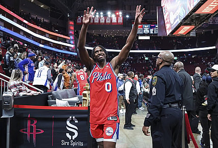 Dec 29, 2023; Houston, Texas, USA; Philadelphia 76ers guard Tyrese Maxey (0) walks off the court after the game against the Houston Rockets at Toyota Center. Mandatory Credit: Troy Taormina-USA TODAY Sports