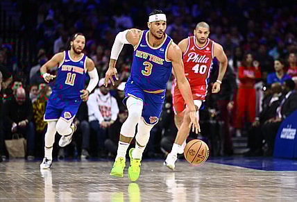 Jan 5, 2024; Philadelphia, Pennsylvania, USA; New York Knicks guard Josh Hart (3) controls the ball against the Philadelphia 76ers in the second quarter at Wells Fargo Center. Mandatory Credit: Kyle Ross-USA TODAY Sports