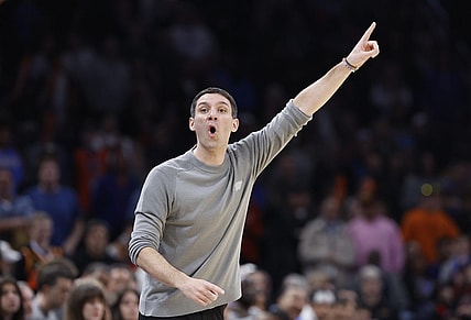 Feb 4, 2024; Oklahoma City, Oklahoma, USA; Oklahoma City Thunder head coach Mark Daigneault gestures to his team on a play against the Toronto Raptors during the second half at Paycom Center. Mandatory Credit: Alonzo Adams-USA TODAY Sports