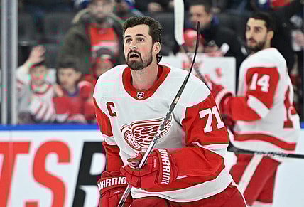 Jan 14, 2024; Toronto, Ontario, CAN;  Detroit Red Wings forward Dylan Larkin (71) warms up before playing the Toronto Maple Leafs at Scotiabank Arena. Mandatory Credit: Dan Hamilton-USA TODAY Sports