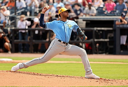 Mar 6, 2024; Tampa, Florida, USA;Tampa Bay Rays starting pitcher Taj Bradley (45) throws a pitch during the first inning against the New York Yankees  at George M. Steinbrenner Field. Mandatory Credit: Kim Klement Neitzel-USA TODAY Sports