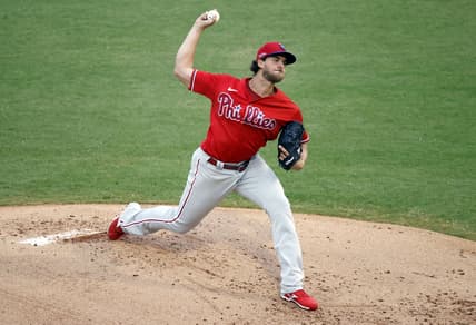 Mar 22, 2021; Tampa, Florida, USA;  Philadelphia Phillies starting pitcher Aaron Nola (27) throws a pitch against the New York Yankees during the first inning at George M. Steinbrenner Field. Mandatory Credit: Kim Klement-USA TODAY Sports