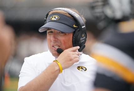 Sep 4, 2021; Columbia, Missouri, USA; Missouri Tigers head coach Eli Drinkwitz on the sidelines against the Central Michigan Chippewas during the first half at Faurot Field at Memorial Stadium. Mandatory Credit: Denny Medley-USA TODAY Sports