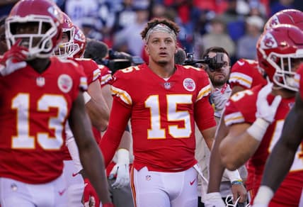 Nov 21, 2021; Kansas City, Missouri, USA; Kansas City Chiefs quarterback Patrick Mahomes (15) warms up against the Dallas Cowboys before the game at GEHA Field at Arrowhead Stadium. Mandatory Credit: Denny Medley-USA TODAY Sports