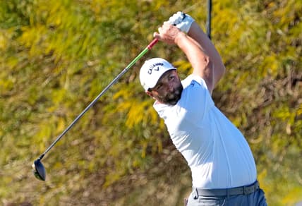 Feb 10, 2022; Scottsdale, AZ, USA;  Jon Rahm hits from the 9th tee box during Round 1 of the WM Phoenix Open at TPC Scottsdale. Mandatory Credit: Cheryl Evans-Arizona Republic

Golf Wm Phoenix Open Day 1