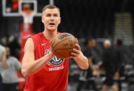 Feb 12, 2022; Washington, District of Columbia, USA; Washington Wizards center Kristaps Porzingis (6) warms up before the game against the Sacramento Kings at Capital One Arena. Mandatory Credit: Brad Mills-USA TODAY Sports