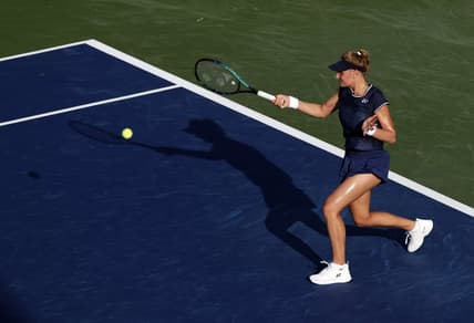 Aug 30, 2021; Flushing, NY, USA; Dayana Yastremska of Ukraine in action against Angelique Kerber of Germany in a first round match on day one of the 2021 U.S. Open tennis tournament at USTA Billie King National Tennis Center. Mandatory Credit: Jerry Lai-USA TODAY Sports