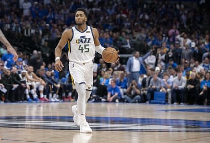 Apr 25, 2022; Dallas, Texas, USA; Utah Jazz guard Donovan Mitchell (45) in action during the game between the Dallas Mavericks and the Utah Jazz in game five of the first round for the 2022 NBA playoffs at American Airlines Center. Mandatory Credit: Jerome Miron-USA TODAY Sports